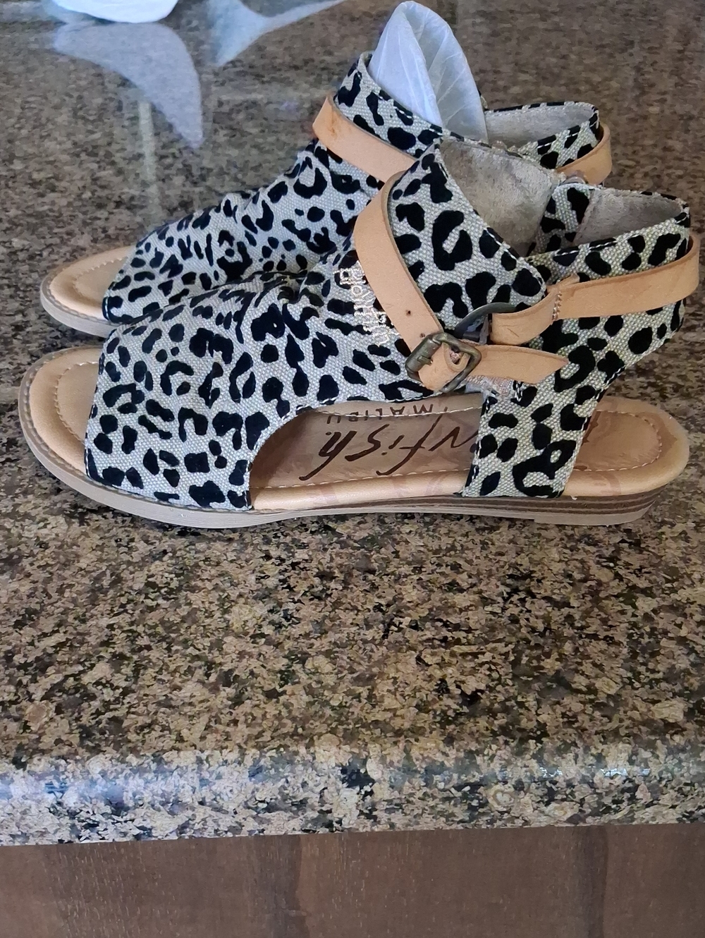 Leopard Print Peep-Toe Sandals with Tan Ankle Strap - Women's